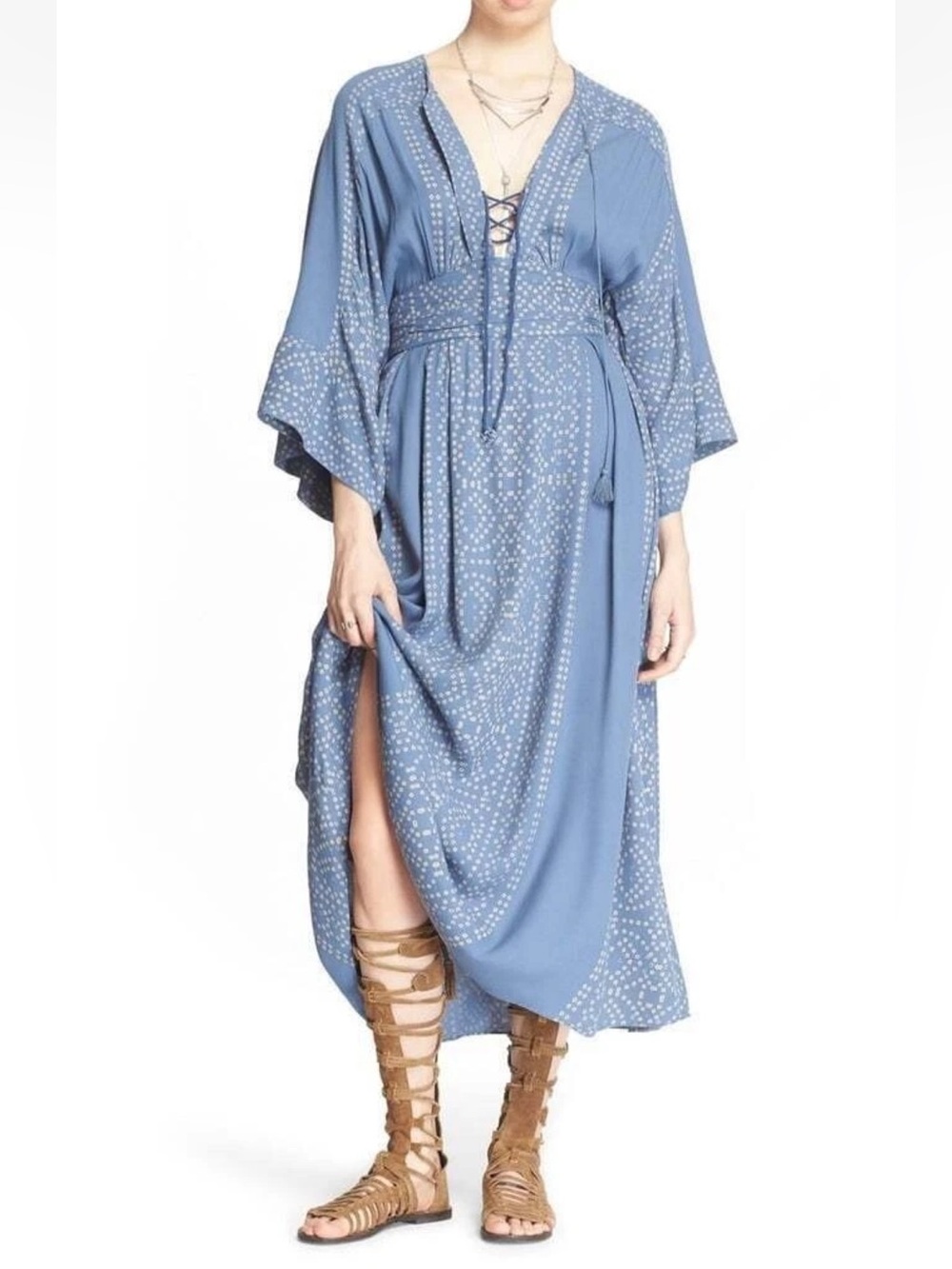FREE PEOPLE Blue Modern Kimono 3/4 Sleeve V-Neck Lace-Up Maxi Midi Dress size 10